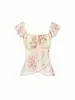 Top Floral Estilo Europeu e Americano, Decote Quadrado, Mangas Bufantes, Amarração na Cintura, Barra Irregular, Menina Doce, Curto, Cor da Foto