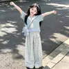 Ropa para Niños, Traje de Verano para Niñas, Top Falso de Dos Piezas Hombros Descubiertos para Niños Mayores, Pantalones a Cuadros, Conjunto de Dos Piezas Estilo Universitario para Estudiantes