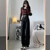 Jeans Preto Wide Leg 2024 Novo Feminino Primavera e Outono Cintura Alta Reta Solto Pequeno Estreito Calça Mop