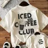Top casual de verano para mujer con estampado a doble cara, estilo sencillo, con un elemento de etiqueta de taza de café helado, cuello redondo, manga corta