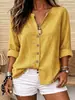 Ropa Femenina Transfronteriza Europea y Americana Cuello en V Color Sólido Algodón Lino Camisa Femenina Holgada Casual Cárdigan de un Solo Botón Top Manga Larga Versátil