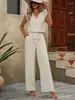 Conjunto Casual Feminino de Verão 2026 Americano Transfronteiriço Amazon Cor Sólida Sem Mangas Gola V Solto + Calça de Cintura com Cordão Wide-Leg