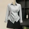 Camisa Risca de Giz Elegante com Lapela e Manga Longa Assimétrica para Afinar a Cintura Feminina Nova Primavera 2025