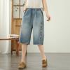 Jeans Floral Bordado Estilo Mori Girl Japonês para Mulheres, Tamanho Grande Artístico Versátil Cintura Elástica Fina Calças Cropped Wide-Leg