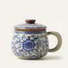 Taza de Té de Cerámica Ru Kiln Azul y Blanco Separación de Agua y Té Taza de Té de Gama Alta para Oficina Taza Personal Regalo para Personas Mayores