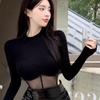 Camiseta de malla de estilo coreano para chica sexy, de una pieza, para mujer, primavera y otoño, negra, manga larga, cuello medio alto, camiseta básica, top corto interior