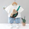 Terno infantil de verão novo algodão manga curta shorts jeans coreano desenho animado urso mochila conjunto de duas peças geração ao vivo