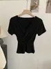 Camiseta Básica de Manga Corta Ajustada con Pliegues y Cuello en V Cruzado Omalai para Mujer, Nueva Colección Primavera/Verano 6826