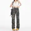 Jeans de Trabajo Camuflaje Verde Militar para Mujer, Diseño High Street, Hip-Hop, Retro Dulce y Picante, Pierna Ancha Casual Rectos
