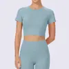 Camiseta de yoga feminina de manga curta em spandex, respirável, absorvente de suor, corte justo, comprimento curto, top fitness fresco e de secagem rápida