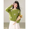 Suéter verde de outono com gola redonda, gravata borboleta, estilo coreano, solto, doce e suave, para mulheres