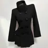 Casaco de lã feminino gola alta estilo retrô escuro, moda de inverno casual com design de abotoamento duplo, casaco de lã estilo coreano