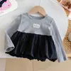 Saia Color Block Patchwork Feminina Camada Base Camiseta de Manga Longa Canelada Primavera Outono Estilo Saia Botão Bebê Estiloso Top 3