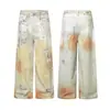 Marca Tendência Jiayiku 2025 Jeans Lavado Retro Americano com Estampa 3D Calças de Corte Reto Personalizadas Cleanfit Perna Larga