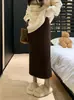 Falda de Punto Gruesa de Longitud Media con Forro Polar para Mujer 2025 Otoño e Invierno Nueva Falda Lápiz Recta Holgada de Cintura Alta Moderna