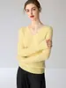 Suéter de cachemira con cuello en V para mujer, 100% cachemira de cabra, tejido de ochos, corte entallado, nueva capa base de color liso para otoño e invierno