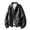 Chaqueta de cuero negra para hombre con cuello de solapa, corte holgado, abrigo casual, forrada de forro polar para mayor calidez, estilo motociclista, diseño moderno
