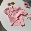 Camiseta Nueva de Verano para Niña, Manga Corta, Color Caramelo, Delgada, con Lazo y Cuello de Muñeca, Elegante Top para Bebé con Mangas de Linterna de Media Longitud