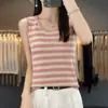Suéter de lã listrado com gola redonda feminino slim fit peça íntima moda estilo ocidental camisa base outono e inverno Novo colete top