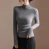 Cuello semialto forrado de polar, hombro normal, corte ajustado, diseño plisado, para mujer otoño e invierno, rejuvenecedor, entallado a la cintura, top térmico