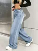 Comércio transfronteiriço europeu e americano, tamanho europeu, azul escuro, perna larga, perna curva, jeans feminino estiloso com cintura elástica e cintura alta