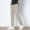 Calças Casuais Masculinas Transfronteiriças, Calças Sociais Finas Respiráveis de Verão com Barra Reta, Cintura Semi-Elástica de Nylon Seda de Gelo, Calças Cropped Elásticas