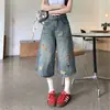 Jeans cropped divertido estilo retrô americano com bordado de cachorrinho para mulheres, calça de comprimento médio plus size de verão, shorts retos de perna larga