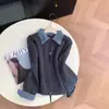 Foto real novo cardigã de tricô patchwork jeans retrô de outono inicial feminino versátil modelador zíper duplo estiloso falso duas peças