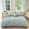 Juego de cama de algodón lavado a cuadros de estilo no impreso, juego de cama de cuatro piezas, sábana de algodón, funda de edredón, gorro de cama, juego de tres piezas para dormitorio de estudiantes