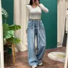 Pantalones de pierna ancha con paneles negro y gris de borde crudo, pantalones ajustados hasta el suelo, estilo perezoso 2025, con cordón, jeans drapeados de cintura alta para mujer