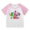 2023 Novas roupas infantis, camiseta de manga curta para crianças, verão, meninos e meninas, camisa de base raglan, camiseta de meia manga para bebês, top infantil
