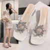 Sandálias Anabela 2025 Verão Novo Tamanho Grande Sandálias para Mulheres Strass Transparente Moda Coreana Sandálias Anabela