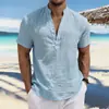 Camisa de verano para hombre europea y americana de color liso transpirable con cuello mao y manga corta, camisa de color liso simple y moderna para hombre