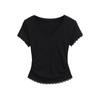 Top Corto de Encaje Empalmado Dulce y Picante Estilo Girly Manga Corta Verano Efecto Adelgazante Cuello en V Profundo Costura Trasera en la Cintura Camiseta