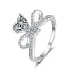 Anillo de Plata de Ley 925 con Corazón Pulsante para Mujer, Anillo de Moissanita Incrustada con Lazo, Anillo de Compromiso y Propuesta en Stock