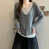 2026 Moda Plus Size Feminina Novo Outono Estilo Americano Bloco de Cores Falso Duas Peças Barra Listrada Cordão Malha Top