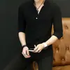 Camisa de Lino de Verano de Manga Corta para Hombre con Cuello Mao Estilo Coreano Slim Trendy Casual Guapo Manga Tres Cuartos Manga Media Camisa Blanca