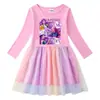 Vestido de Princesa de Malla con Lentejuelas Arcoíris para Niñas, Manga Corta de Verano, Manga Larga de Primavera y Otoño, Estilo Kpop Cazador de Demonios