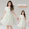 Vestido de Algodão Pesado Bordado de Ombro Reto Cintura Alta para Verão, Vestido Emagrecedor Soltinho Plus Size Feminino 66211