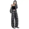 Pantalones Retro a Cuadros Cepillados de Pierna Ancha para Mujer, Nuevo Estilo Primavera y Otoño, Holgados de Cintura Alta con Cordón, Pierna Recta, Adelgazantes, Casuales con Efecto de Caída