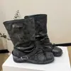 Botas de cano médio com sola grossa e laço, estilo balé, para mulheres, novas botas plissadas empilhadas de outono 2026, botas curtas da moda