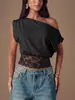 Estilo Girly Europeo y Americano Encaje Hombros Descubiertos Elegante Color Brillante Manga Corta Camiseta Transfronteriza Cintura Ceñida Moda Básica Versátil Top para Mujer