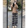 Pantalones de lana a cuadros azules con forro polar para mujer, pantalones cálidos de algodón para otoño e invierno, cintura alta con caída, casuales tipo mopa, rectos de pierna ancha