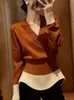 Suéter de Punto de Alto Gama con Bloques de Color Estilo Coreano para Mujer, Diseño Otoño e Invierno, Ceñido a la Cintura, Adelgazante, Prendas de Punto para Usar por Debajo