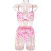 Conjunto de tres piezas sexy con perspectiva de bordado de flores de alta calidad para industria pesada, estación independiente, Amazon, lencería sexy de moda 3377