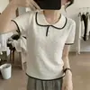 Camiseta Feminina Manga Curta Personalizada OEM Crochê Vazado Patchwork Bloco de Cores Ombro Normal Modelagem que Emagrece Design que Rejuvenesce Top Tendência