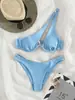 Bikini de dos piezas sexy de exportación europea y americana para mujer, de un solo hombro, color liso, con cortes, Bikini Bikini Transfronterizo Amazon Traje de baño
