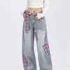 Pantalones vaqueros de primavera y verano para hombre con cinturón de cuadros, diseño de retazos desgastados, estilo unisex, aire juvenil, caída fluida, pantalones largos versátiles y elegantes