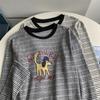 Camiseta de Manga Larga a Rayas con Estampado de Cachorro de Dibujos Animados Coreanos 2025 Otoño Nueva Algodón Puro Holgada Top Básico Versátil