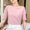 2025 Nuevo Verano Algodón Puro Cuello de Línea Única Tejido de Punto Camiseta de Manga Corta para Mujer Jersey Color Puro Suelto Camiseta Básica